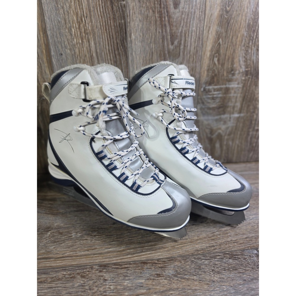 Riedell Soft Series Women White Navy Blue Figure Ice Skates Size 10